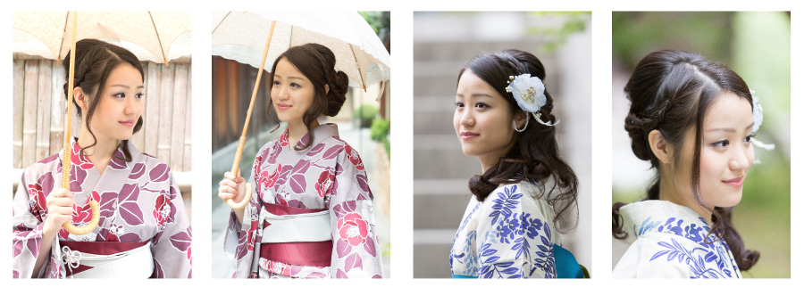 浴衣のシニヨンスタイルとダウンスタイル